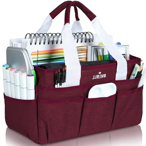 JJRING Craft Organizer Tote Bag, Art Storage Caddy with Multiple Pockets, Dark Red Sewing Bag for Art, Craft, Scrapbooking, School, Medical, and Office