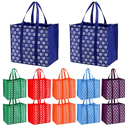 Frcctre 12 Pack Reusable Grocery Bags, Large Foldable Shopping Tote Bags with Long Handles Heavy Duty Reusable Bags for Shopping Groceries Clothes - 6 Assorted Colors