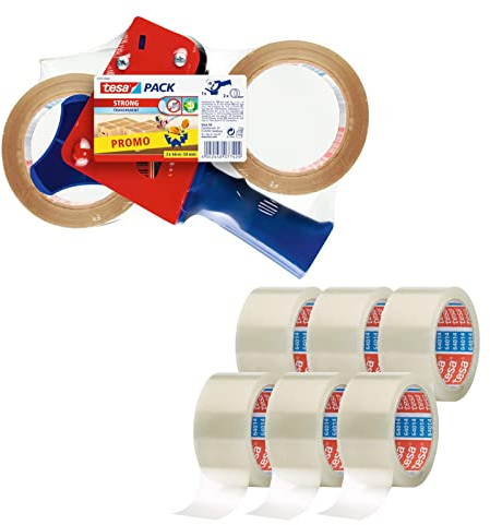 tesa Paketband-Abroller und tesapack Paketbänder im Set - 2 x hochwertiges Packband inklusive 1 Abroller - Transparent - 66 m x 50 mm (Promopack + 6 Ersatzrollen)