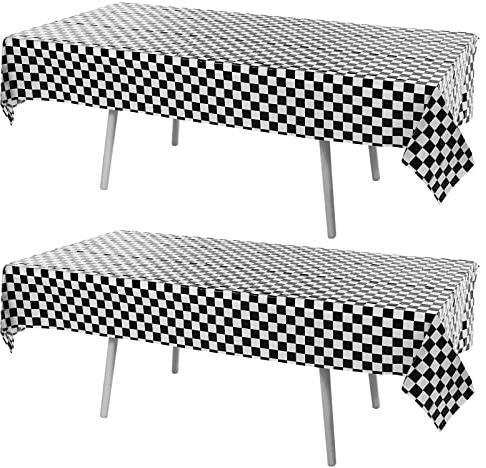 Thinp 2 Stück Schwarz Weiß Karierte Tischdecke,137x274cm Schwarz Karierte Kunststoff-Tischdecke,Rennstrecke Tischdecken Tischdecke Racing mit Karierter Flagge Karierte,für Rennwagen Party Dekorationen
