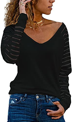 Homlan T-shirt à manches longues, col en V et rayures en mesh, coupe élégante, ample et décontractée, pour femme, Noir , S