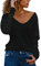 Homlan Blusa de rayas, de manga larga, para mujer, cuello de pico, de malla, suelta, elegante, informal, Negro , S