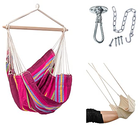 AMAZONAS Hängesessel Brasil Set Grenadine | Brasil Hängesessel + Deckenhaken Power Hook + Fußablage | Sitzfläche 130x160 cm bis 150 kg hellgestreift