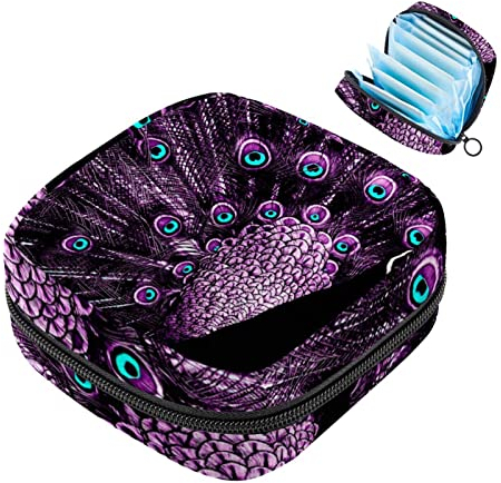 Damen-Servietten-Aufbewahrungstasche, lila Pfau im Galgen, Menstruationstasse, tragbare Damenbinden, Aufbewahrungstaschen, weibliche Menstruation, erste Periode, Tasche