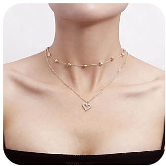 Yienate Boho Geschichtet Kristall Herz Choker Halskette - Gold Strass Anhänger, Funky Satellit Kette, Rock Aussage Gestapelt Schmuck Für Frauen Und Mädchen
