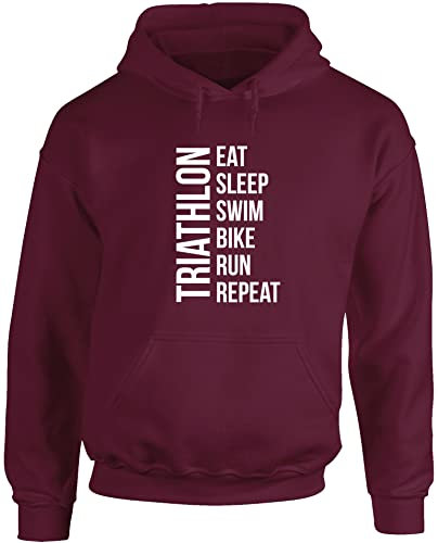 Hippowarehouse Eat Sleep Swim Bike Run Repeat Triathlon Unisex Hoodie Hooded top (Specific Size Guide in Description) Maroon