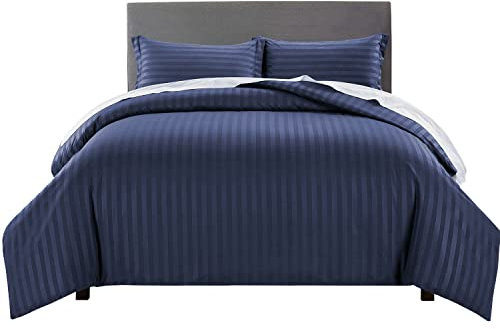 Yorkshire Bedding Double Duvet Set Stripes Satin Hotel Quality Bedding Set with Pillowcases Soft Microfiber Duvet Covers (Navy 200x200 Cm)
