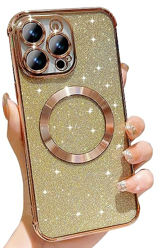 Wirvyuer for iPhone 13 Pro Max Case Compatible with Magsafe Glitter Plating | Magnetic Cute Removable Shiny Card Shockproof Phone Case, Luxury Gold Plated Protection Cover for Women Girls, Gold
