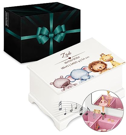 Maverton Boîte à Bijoux Musicale personnalisée avec ballerine - 17x11x9 Coffret à trésors avec impression pour petite fille - pour premier anniversaire - baptême - deco - Animaux