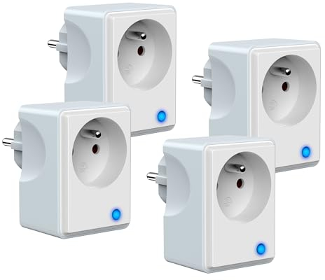 Typ E (FR) Intelligente WLAN-Steckdose, Messung des Stromverbrauchs, kompatibel mit Alexa, Google Home, Fernbedienung, Sprachsteuerung, Smart Life App, Weiß und Grau, 4 Stück