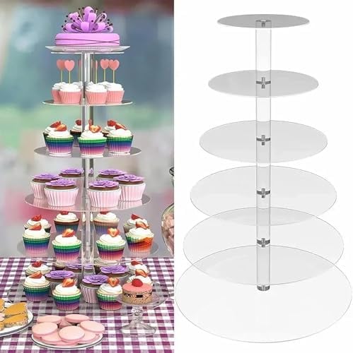 LANLONG 6 Tier Cupcake Stand Round Acrylic Cupcake holder, 51cm Tall Tiered Tray Stand Cupcake Tower, Clear Dessert Display Stands Pastry Tower for Wedding Party Baby Shower Birthday