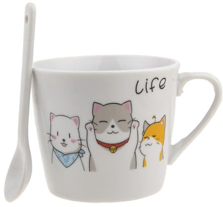 lachineuse - Tasse en Porcelaine Chat Happy & sa Cuillère - Les 3 Chats - Collection Life - 200 ml - Petit Déj & Pause Détente - Café, Thé, Chocolat Chaud - Idée Cadeau Asie, Chine, Japon - Blanc