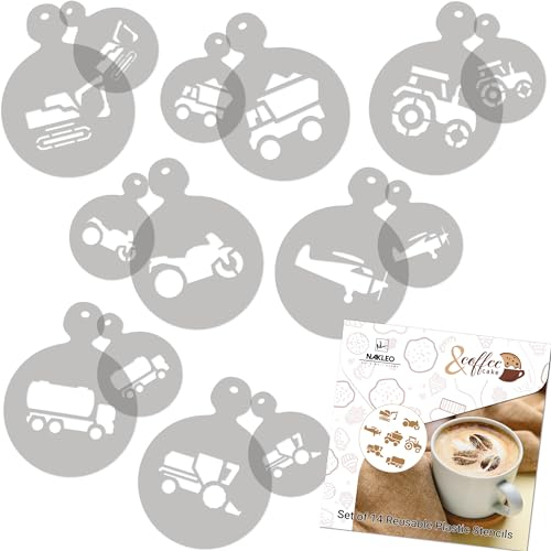 NAKLEO Kaffee Schablonen und Kekse Dekoration 14 Stück 7x7 und 11x11cm, Wiederverwendbare Plastik Backen Vorlage, Transport Traktor Lkw, DIY Kunst, Cappuccino Latte Schokolade Torten Kuchen