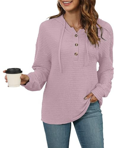 AUSELILY Felpa Donna con Cappuccio Leggera Lunga Sportiva Oversize Coulisse Henley Hoodie Textured Manica Lunga Felpe Rosa XL