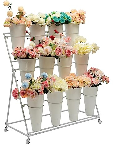FUHAI-666 Support à Fleurs Présentoir à Fleurs – 12 x seaux Coniques Blancs/Support à Plantes en métal Blanc à 3 Couches avec Roues Étagères pour Plantes