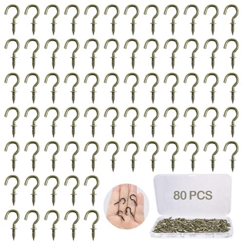 ZFKXGS 80 Stück Kleine Schraubhaken Bronze 1/2 Zoll Hakenschrauben Set Mini Deckenhaken Einschraubhaken Becherhaken für Holz Hängende Garten Pflanzen Kunst Weihnachts Dekorationen Schlüssel, mit Box