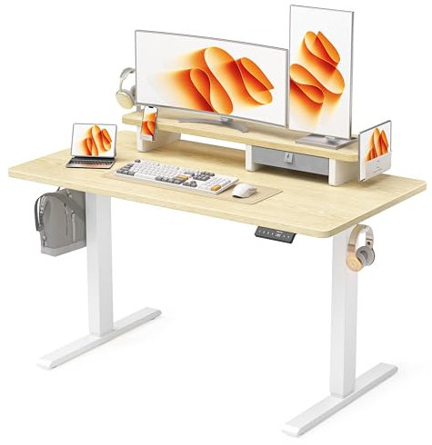 WALKINGDESK Höhenverstellbarer Schreibtisch Elektrisch mit Schubladen, 120 x 60 cm Stehpult mit Monitorständer und Handyhalter, Tisch Höhenverstellbar für Home Office Büro, 3 Haken, Eiche