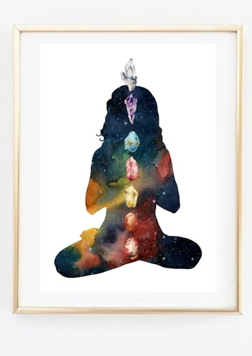 Din A4 Kunstdruck ohne Rahmen - Yoga Figur mit Chakren - Meditation Lotus Chakra - Aquarell Druck Poster Bild