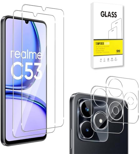 Dision [2 Piezas] Protector de Pantalla Compatible con Realme C53 +[2 Piezas] Protector de Lente de Cámara[Tecnología de Defensa Múltiple] Vidrio Templado