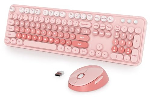 Fogruaden Clavier et souris de machine à écrire rétro rose sans fil, 2,4 GHz, clavier d'ordinateur coloré avec pavé numérique et souris mignonne pour ordinateur de bureau Windows PC ordinateur