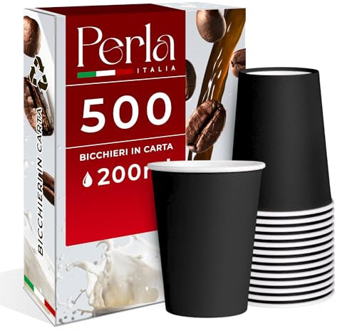 Perla, 500 Bicchieri in Carta da 200ml Colore Nero Ecologici Biodegradabili Monouso, Adatto per Bevande Fredde e Calde, Prodotto e confezionato in Italia, Made in Italy
