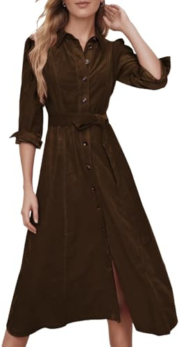 YEXPINE Women's Corduroy Maxi Dress Long Sleeve Cord Button Down Shirt Long Dress with Belt Coffee