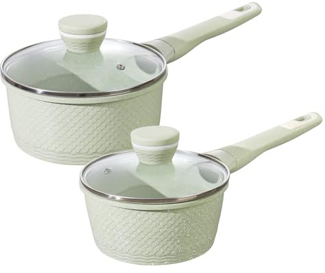 Sauce pan set 4 Pcs 1.5Qt & 2.0Qt Sauce Pot Set with Lid Geen | 100% PFOA PFAS Free, All Stovetop Induction Gas Electric, Healthy,Non-Toxic,Oil Saving, Dishwasher Safe Heat Resistant Handle