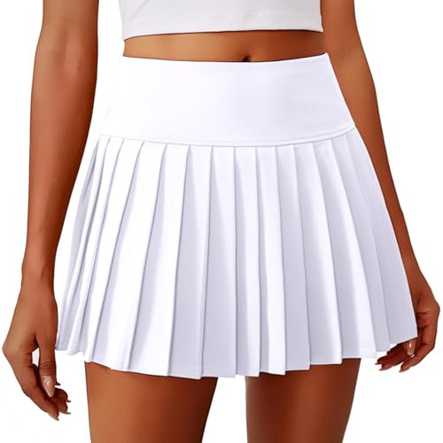 PINSPARK Damen Plissierte Tennisrock mit Taschen Hohe Taille Tennis Skort V-Bund Faltenrock Sportrock Minirock UV Schutz Röcke Hosenrock Golfrock Workout Outdoor Laufen Weiß L