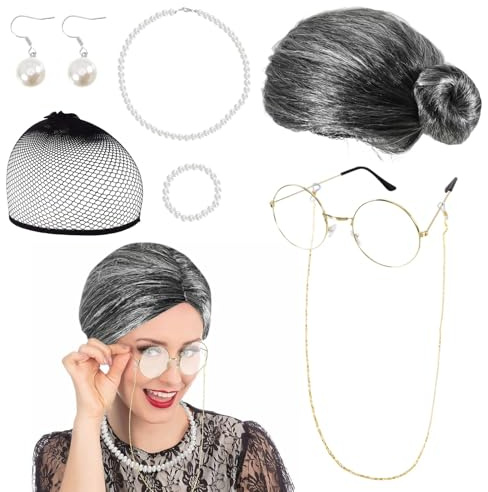 SIWOKJJO Oma Perücke, Perücke Halskette Schnurrbart Gläser kurz gelockt Afro Shaggy Perücke, Oma Kostüm Accessoires für 70er 80er 90er Jahre Outfit Damen