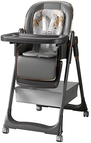 Prokoke PU-Leder Kinderhochstuhl, Faltbarer und Umbaubarer Hochstuhl für Kleinkinder mit 6 Höhen und 3 Liegepositionen, Baby-Esszimmerstuhl mit Abnehmbaren Doppeltabletts und Rädern (8122 Grey)