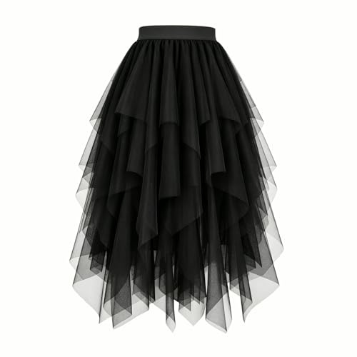 WERFORU Damen Tüllrock High Low Layered Unregelmäßig Tüll Rock A-Linie Midi Rock Puffy Fee Röcke für Karneval Party