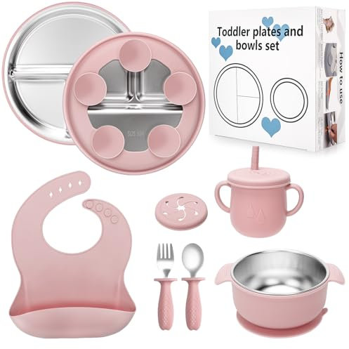 CLDY Ensemble de couverts pour bébé en acier inoxydable rose 8 pièces, Assiette pour bébé/bols à ventouse/bavoir en silicone/cuillère/gobelet, avec base à ventouse 100% silicone-antidérapant-sans BPA