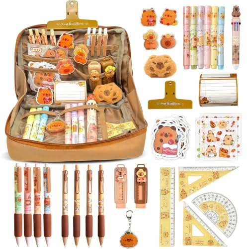 Pardofelis 66 Stück Capybara Schreibwaren Set, Süßes Capybara Federmäppchen Geschenkset für Kinder und Schüler, Capybara Mäppchen mit Stifte Radiergummi Sticker Clips Linealen für Schule Büro