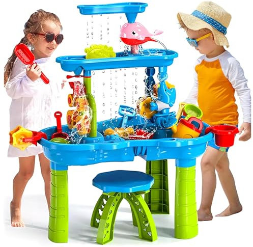 MIAOLLUN Water Table for Toddlers Kids 3-5 4-8, 3-Tier Kids Sand Water Table Toddlers Outdoor Summer Water Table Beach Toys with Rain Showers Splash Pond for Boys Girls﻿