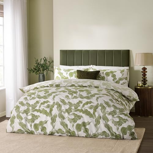 furn. Hoem Lauro Duvet Cover Set – Reversible Cotton Blend Botanical Leaf Bedding (Olive - Single)