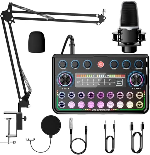 Podcast Equipment Bundle with Live Sound Card Audio Mixer Condenser Microphone, Audio Interface Streaming Mic Podcast Studio Recording for Sing, Gaming, YouTube TikTok, Studio Mixer Set for PC, Phone