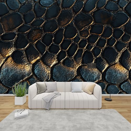 Fototapete Steinoptik Schlafzimmer, 3D Tapete 3d Felsoptik, Vliestapete Gold Schwarz, Tapeten Wohnzimmer Muster, Abstrakte Steine Kiesel Wand Deko, Wandtapete, Mustertapete Vlies 200x140 cm