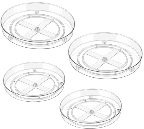 4 Stück Kühlschrank Drehteller, 2 Größe, 23,3 x 3,5 cm und 27 x 4,5 cm | YIXNSW, Transparente PET, Organizer für Gewürz Speisekammer, Platzsparend, Leicht zu Reinigen