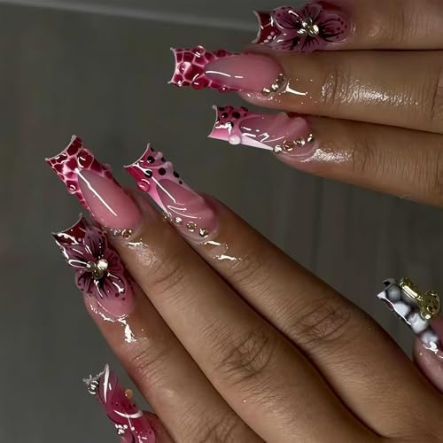 Auroriel 24 Pcs Long Square Press On Nails Pink French Tip with Crocodile Pattern Handmade 3D Flower Rhinestone Art Nails Full Cover Glue On Acrylic Nail Set for Women