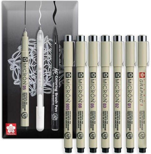 SAKURA Pigma Micron Fineliner Pigmentstift - Wasserfeste, lichtbeständige & permanente schwarze Tinte - Umschlag Geschenkverpackung (Set mit 7 Stück (+ Grafik))