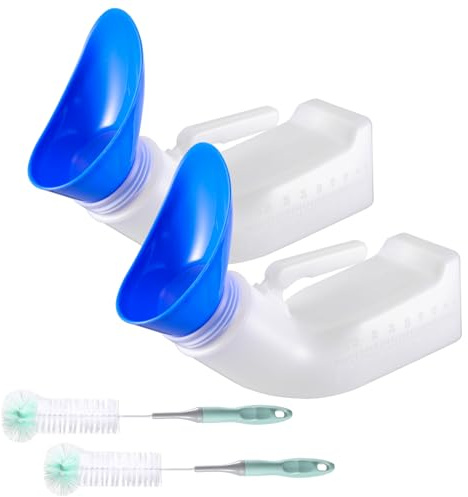 Urinals for Men and Women 2 Pack 1000ML Male Urinal Bottle Spill Proof Female Wee Pee Bottles with a Lid, a Funnel and a Brush for Car, Camping, Travel and Hospital