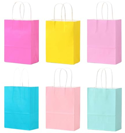 SHUANGBAODALAO Bunte Papiertüten mit Henkel, 30 Stück, 15 x 8 x 21 cm | 30 Papiertüten mit Henkel in 6 Farben, mittlere Geschenkbeutel aus Papier für Feiern, DIY und kleine Präsente