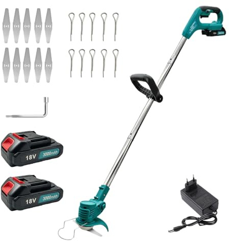 Akku Freischneider 23000RPM Bürstenlos, Rasentrimmer mit 6000mAh Akku für Makita 18V, 45.67 Stange 3-teilig, 90° Kopf, 10 Klingen, 4.2lbs, Doppelschalter, Akku Rasentrimmer für Garten Rasen 400W