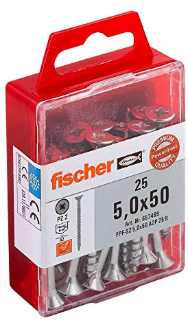 fischer Power-Fast FPF-SZ 5,0 x 50 A2P, Premium Spanplattenschraube mit Senkkopf und Teilgewinde, zur Befestigung von tragenden Bauteilen in Holz, nicht rostender Stahl, 25 Stück