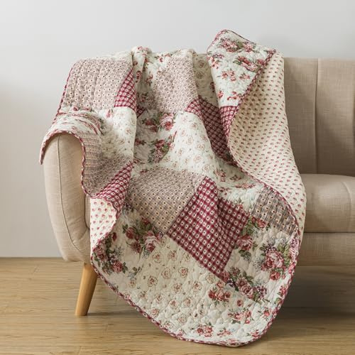 SLPR - Cotton Quilted Throw Blanket, 50 x 60 Patchwork, Country Roses