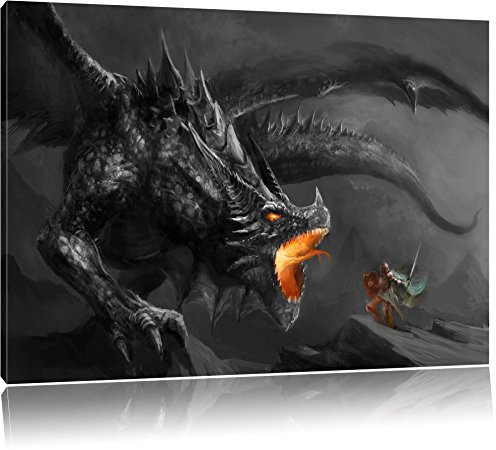 Pixxprint Kampf zwischen Mensch und Drache, Größe: 80x60cm, Leinwandbild, fertig gespannt, Wandbild, Dekoration, Kunstdruck, kein Poster