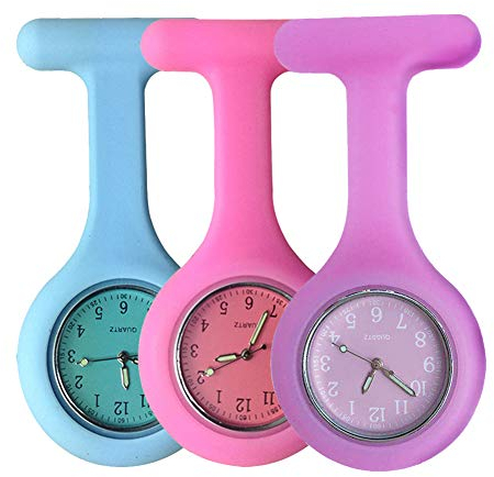 Set of 3 Nurse Watch Brooch, Silicone with Pin/Clip, Glow in Dark, Infection Control Design, Health Care Nurse Doctor Paramedic Medical Brooch Fob Watch - Blue Rose Purple