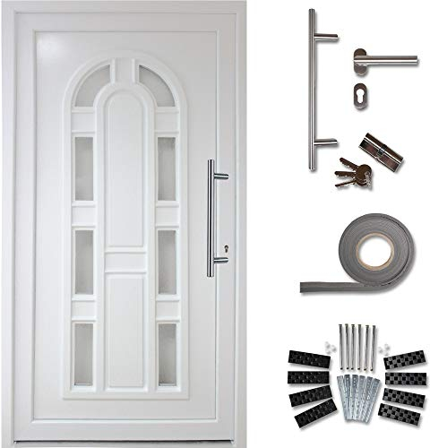 kuporta Kunststoff Haustür England Türen 108 x 208 cm DIN links weiß mit Stoßgriff-Set Montageset Fugendichtband