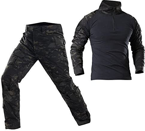 Taktische Airsoft Tarnanzug Herren Paintball Combat Shirt Hose Sets Langärmlige Militär Anzug Outdoor Camouflage Jagdbekleidung BDU Uniform (Schwarz-CP, XL)