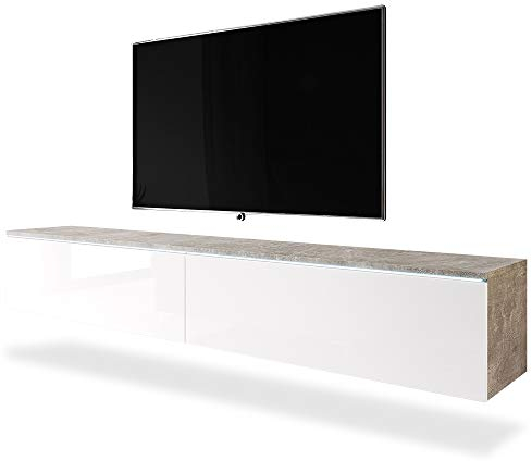 Selsey KANE – TV-Lowboard hängend/stehend Betonoptik/Weiß Hochglanz mit LED, 180 cm